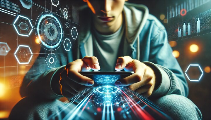 DALL·E 2024-07-14 15.13.09 - A horizontal image of a person holding a smartphone and playing a game. The background is blurred and has a futuristic, sci-fi feel with neon lights a副本.jpg