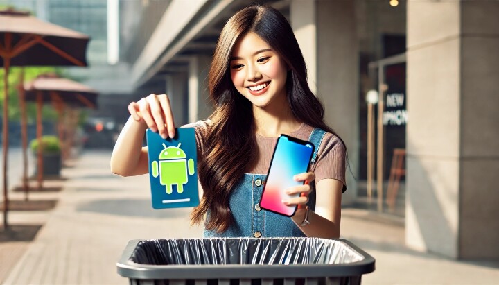 DALL·E 2024-07-26 15.50.06 - A young Asian woman discarding an Android phone and switching to a new iPhone. The scene shows her dropping the Android phone into a trash bin and hap副本.jpg