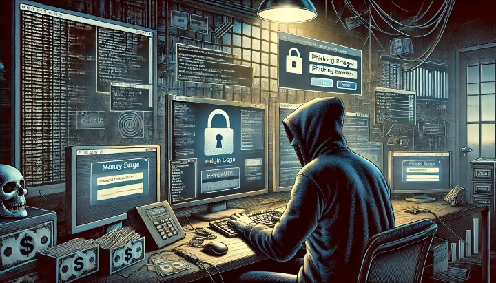 DALL·E 2024-07-16 11.08.41 - A detailed illustration of a hacker orchestrating a money scam through a website. The scene includes a person wearing a hoodie, sitting in front of mu副本.jpg