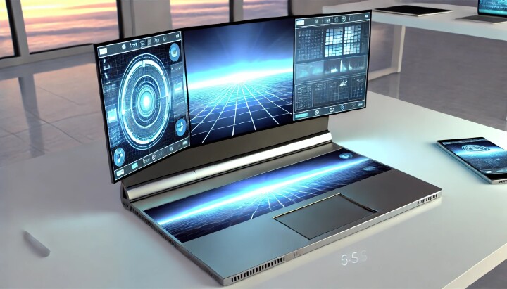 DALL·E 2024-07-21 11.38.06 - A futuristic laptop with a usual screen on the front, and two additional screens that extend from the right and left sides. The additional screens can副本.jpg